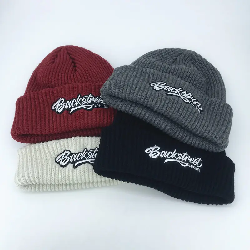 Gorros de punto con puños personalizados para invierno, bordado, Color sólido, Unisex, gorros cálidos