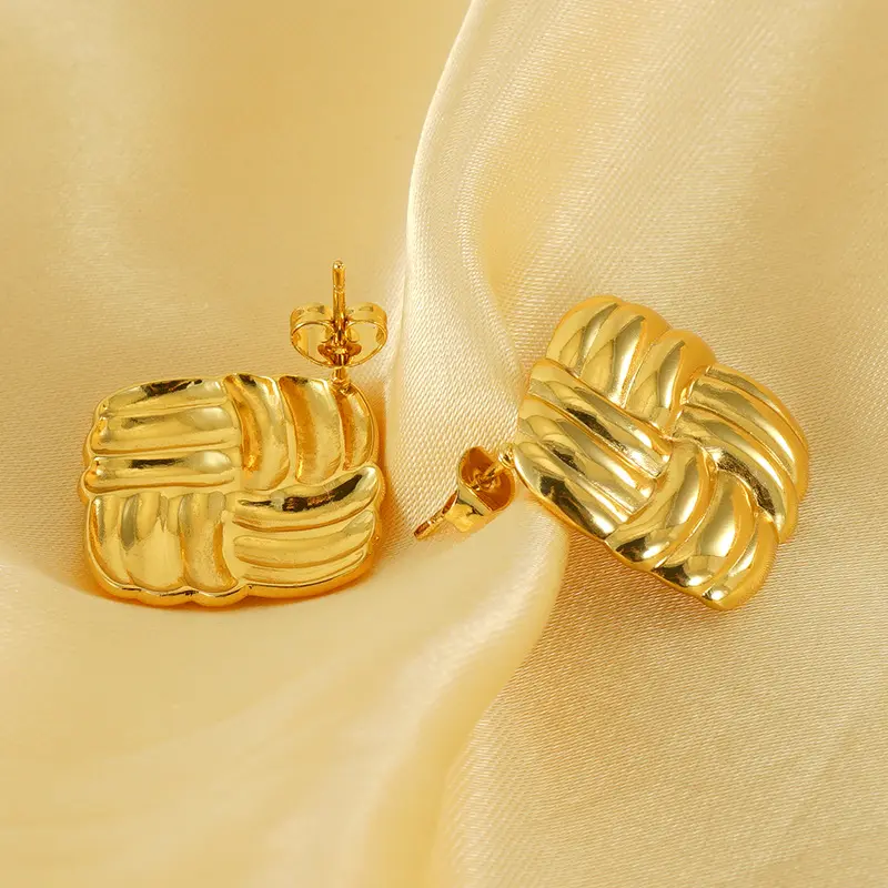 Newest Chunky Twisted Stud Earrings Women Vintage Hypoallergenic 18k Gold Plated Stainless Steel Stripe Square Earrings