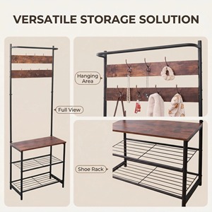 Multifunctional Metal Clothes Rack With Wooden Top And Wire Shelves For Entryway Storage Coat <b>Stand</b> - Product Image 3