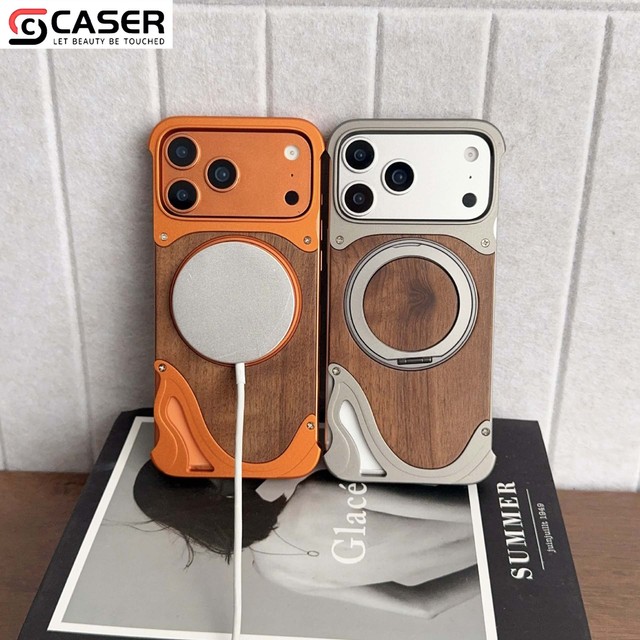 Walnut Wood Aluminum Alloy Bumper Phone Case for iPhone /Samsung 360 Rotatable Ring Stand Magnetic Shockproof Wooden Cover
