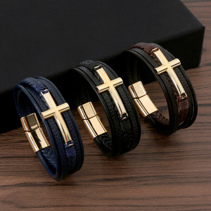 Pulsera Geométrica de Hierro Más Vendida con Piedra Natural y Accesorios de Cruz de Aleación, Estilo Pañuelo de Hombre Tejido a Mano - Product Image 3