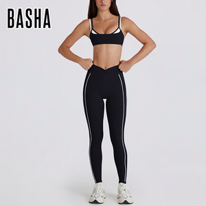 Completo Sportivo Due Pezzi con Strisce Bianche a Contrasto: Leggings e Pantaloncini con Reggiseno Sportivo per Yoga, Allenamento e Fitness Femminile - Product Image 3