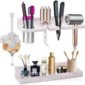 Soporte de pared de madera para secador de pelo con almacenamiento para afeitadora y cosméticos para baño - Product Image 3
