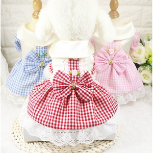 Jupe en coton à carreaux mignonne pour chiens et chats de petites, moyennes et grandes races, robe pour animaux de compagnie avec nœud et bordure en dentelle - Product Image 1
