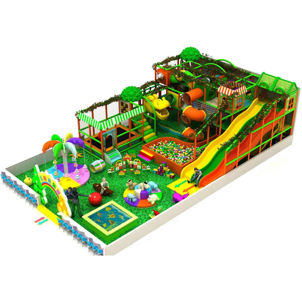 Dream kids indoor jungle gym forest large twist wave slides trampoline electric soft toys grass mat amusement park playground