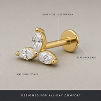 Getta ASTM F136 Titane Labret Stud à filetage interne, dos plat, avec système Push Pin, pour lèvre et oreille, avec Zircon, Vente en gros, Idéal pour cadeau