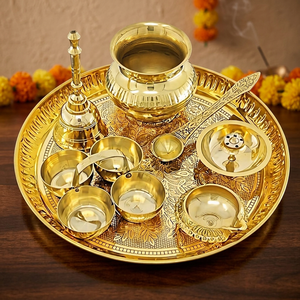 Ensemble de thali en laiton pour Puja avec lampe à huile Diya et ustensiles pour activités religieuses, design circulaire, matériau durable - Product Image 5