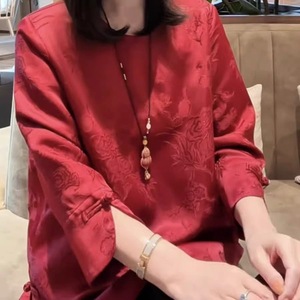 Chinese Style Three-Quarter Sleeve Jacquard Top Red Women Spring Summer Loose Fit Elegant Party Wear Traditional Clothing - Product Image 2