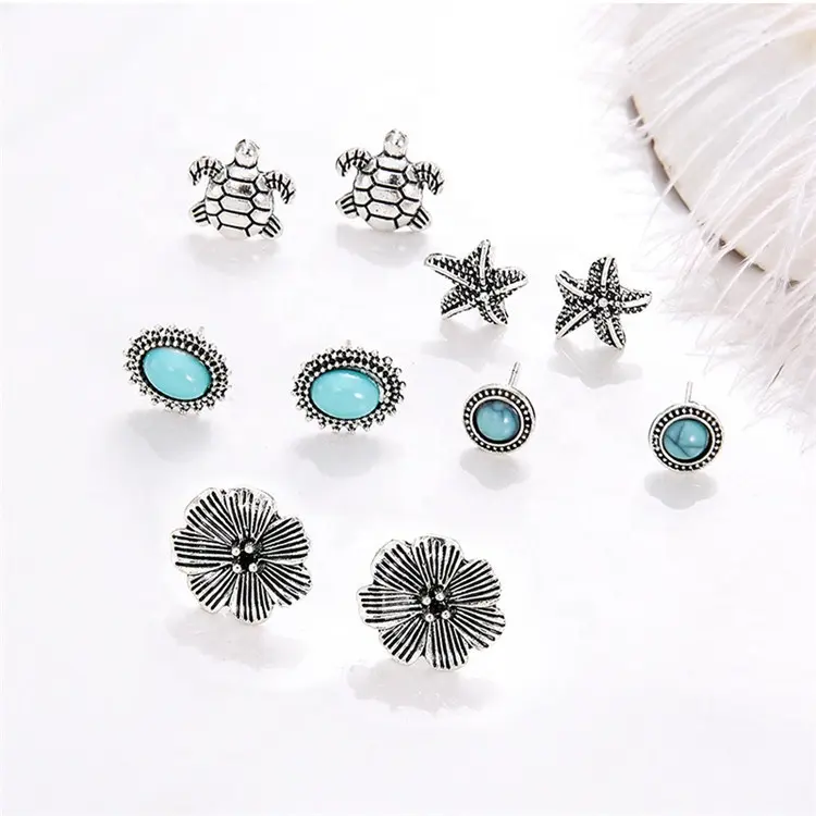New Fashion bohemian 6 pairs Antique Silver Turquoise Flower Alloy stud earrings set multiple for women girl
