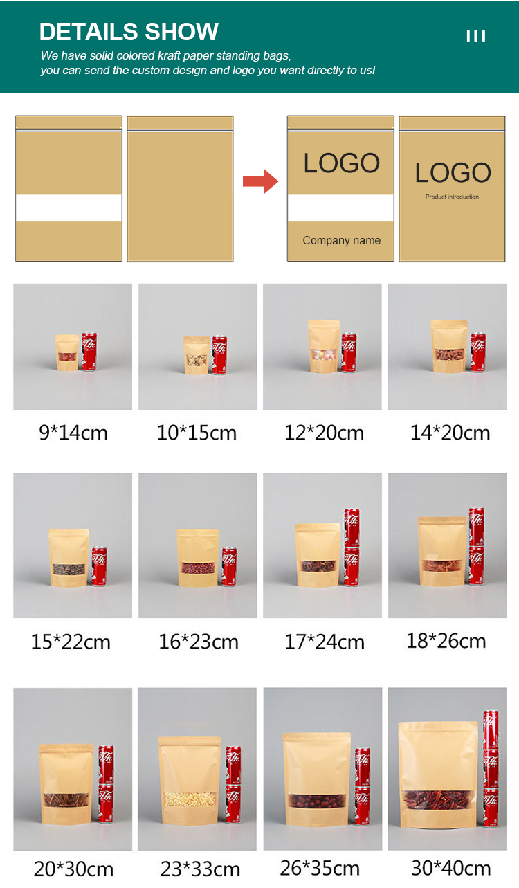 Kraft Stand Up Paper Bags With Clear Window, Brown Kraft Paper Aluminum Foil Reusable Sealable pouch bags