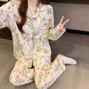 Femmes Long Cardigan Revers Pyjama Ensemble Printemps <span class=keywords><strong>Fleur</strong></span> Imprime Taille Élastique Fermeture Chaud Deux Pièces Confortable Vêtements - Product Image 4