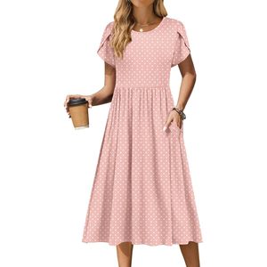 Womens Summer Aline Midi <b>Dress</b> Short Sleeve Polka Dot Print Flowy Casual <b>Dress</b> With Pockets O Neck <b>Elastic</b> Waist Breathable - Product Image 1