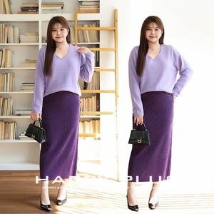 Conjunto de Falda Midi de Pana para Mujer Happy Plus, Suéter de Manga Larga con Cuello en V, Color Sólido, Cintura Alta, Corte Ajustado, Morado N9085 - Product Image 1