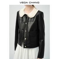 VEGA CHANG Printemps Fille Doux et Cool Manteau Noir Court Couleur Contrastée Patchwork Col de Poupée Veste en Cuir