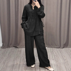 All'ingrosso Chic 2 pezzi Set <span class=keywords><strong>donna</strong></span> completi manica lunga Casual camicia da <span class=keywords><strong>donna</strong></span> + plissettato <span class=keywords><strong>pantaloni</strong></span> larghi elegante abito estivo da <span class=keywords><strong>donna</strong></span> - Product Image 6