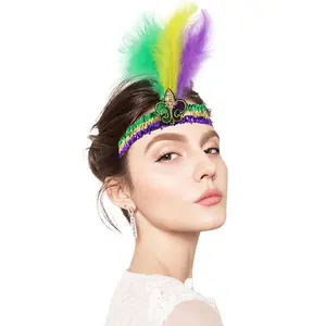 2023 New Orleans Mardi Gras Sequins Glitter Feather Headband Women Girl Masquerade Mardi Gras Party Hair Accessories