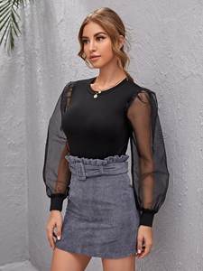 Femmes élégantes <span class=keywords><strong>noir</strong></span> tricot ajusté col rond <span class=keywords><strong>noir</strong></span> <span class=keywords><strong>transparent</strong></span> surdimensionné <span class=keywords><strong>haut</strong></span> à manches bouffantes pour les femmes - Product Image 2