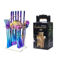 Juego de Cubiertos de Lujo de 24 Piezas con Acabado Dorado y Soporte Magnético, Cubertería de Acero Inoxidable para el Hogar, Precio de Fábrica