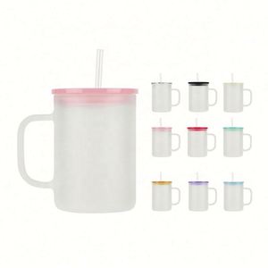 Vente en gros de tasses à bière en forme de canette, sublimées, 15 oz, transparentes dépolies à dégradé, avec couvercle coloré et paille en verre - Product Image 1