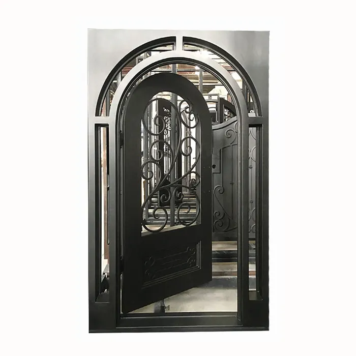 Catalogue de conception de porte d'entrée en fer forgé en métal simple en verre avec feux latéraux