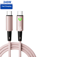 Kabel Tipe C ke Tipe C 240W PD dengan Indikator LED Mati Otomatis, Kabel Pengisian Cepat Berbahan Nilon Kepang, Chip Pintar untuk Ponsel Laptop