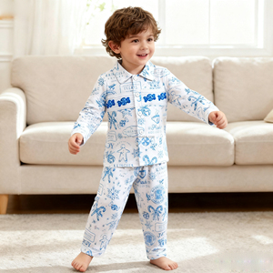 Pyjamas bleus en toile française pour enfants smockés vêtements pour enfants vêtements de nuit d'hiver animaux imprimer ensemble de pyjamas pour garçons - Product Image 3