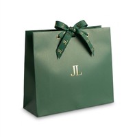 Sac shopping en papier vert foncé avec logo personnalisé en feuille d'or et poignée en ruban gros-grain imprimé pour emballage de marque, MOQ 500 pièces