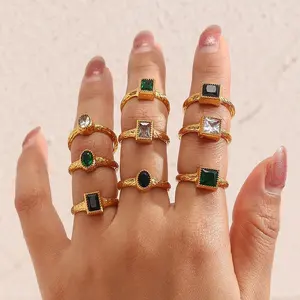 Anello con sigillo ovale quadrato Vintage anello con zirconi in acciaio inossidabile per donna anelli placcati in oro gioielli in oro 18 carati