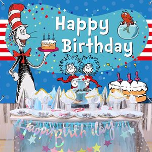 Décorations de fête d'anniversaire <span class=keywords><strong>Dr</strong></span> Seu, bannière de <span class=keywords><strong>fond</strong></span> bleue Joyeux Anniversaire, décorations de chat, bannière de <span class=keywords><strong>fond</strong></span>, accessoires de photomaton - Product Image 3