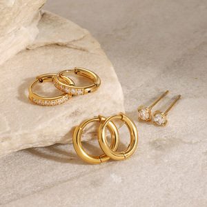 Boucles d'oreilles créoles en acier inoxydable plaqué or avec zircon, clous d'oreilles pour femme, ensemble de bijoux fantaisie, cadeau - Product Image 4