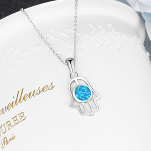 Factory wholesale Fashion S925 Sterling Silver Palm Inlay Blue Opal Pendant Necklaces For Women's jewelry <b>gifts</b> - Product Image 6