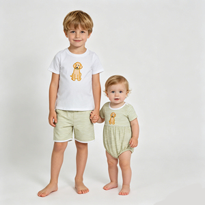 Conjunto de pantalones cortos a rayas con bordado de perro de algodón para niños pequeños, ropa informal de verano, ropa a juego para hermanos - Product Image 1