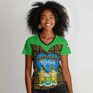 T-shirt d'été personnalisé pour femmes, imprimé Jour de l'Indépendance de la Sierra Leone, col en V, motif africain, Joyeux 65e anniversaire - Product Image 1