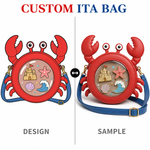 Sac Ita Crabes Rouges Adorables avec Griffes Gonflées, en Cuir Végétalien Texturé, Yeux en Forme de Tige, Fenêtre Transparente Ronde, Thème Bord de Mer, Sac à Dos d'Été - Product Image 1