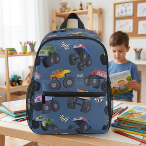 New Arrival Cartoon Race Truck <b>Backpack</b> 12in Polyester Softback Book Bag With Zipper Pockets Daypack for Kids girls boys - Product Image 1