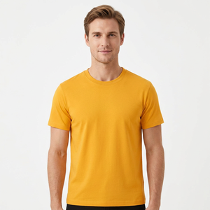 Camiseta de Algodón de Manga Corta con Cuello Redondo y Color Sólido para Hombre, Corte Regular, Estilo Casual, Tejido Jersey, Amarillo - Product Image 1
