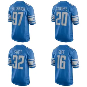 Stock Blue 2023 Draft Camiseta de fútbol americano cosida de la mejor calidad #32 Brian Branch #97 Aidan Hutchinson #16 Jared Goff