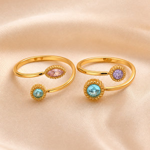 Anillo Ajustable Abierto de Acero Inoxidable Chapado en Oro al por Mayor para Mujer, con Zirconia Redonda y Marquesa Multicolor, Impermeable, Estilo Vintage - Product Image 1