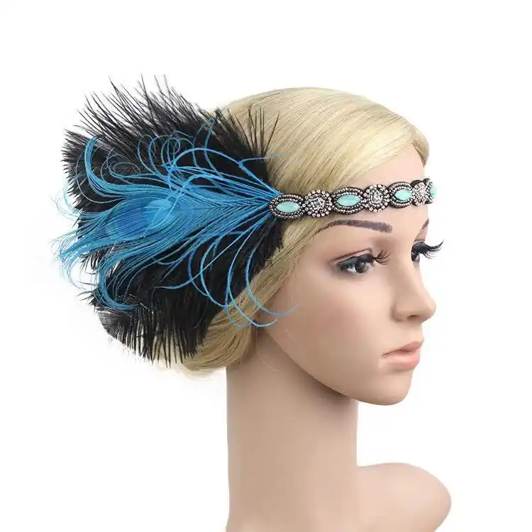 Hint siyah tüy Vintage kafa bandı tavuskuşu tüyleri, sahne gösterisi masquerade model podyum headdress