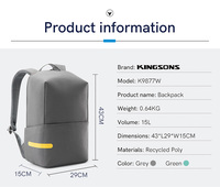 Kingsons – sac à dos d'école léger en Polyester RPET 600D pour enfants, sacoche étanche pour tablette d'affaires de 15.6 pouces