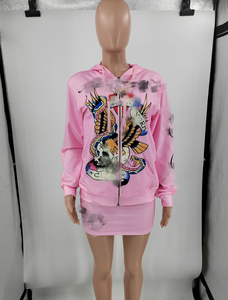 可爱春季两件套女式印花卫衣拉链连帽衫短款上衣和抽绳半身裙两件套半身裙套装 - Product Image 2