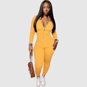 Combinaison moulante à fermeture éclair, col rabattu, couleur unie, mode féminine - Product Image 3