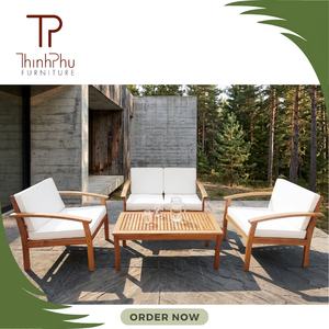 Contemporary Outdoor Wood <b>Sofa</b> Set with White Cushions for Garden Patio Furniture - Product Image 2