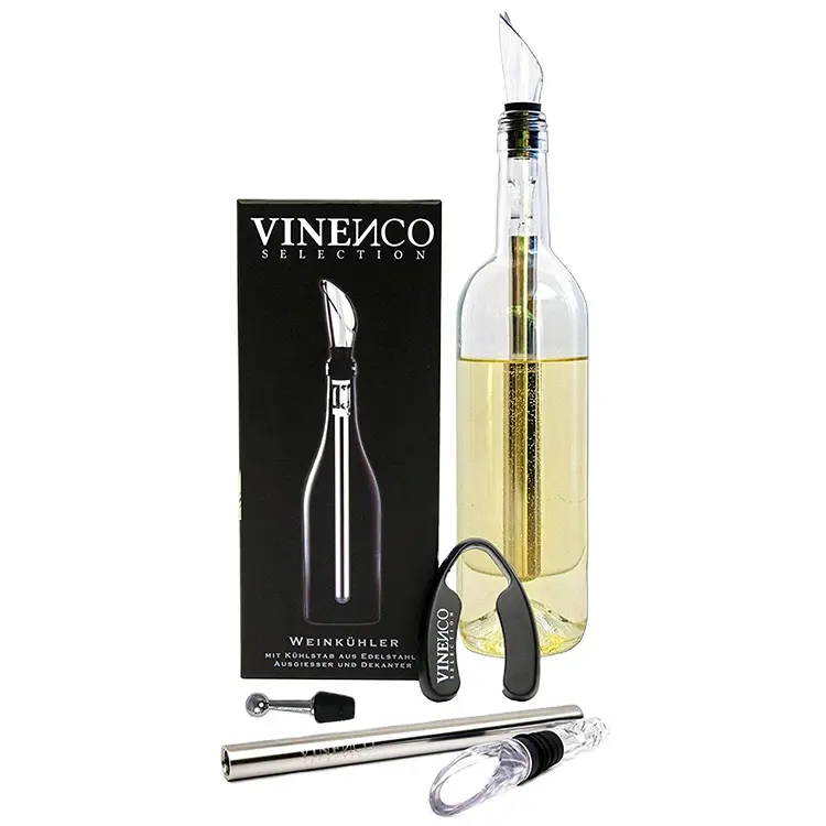 Vinenco Wine Chiller Set, Foil Cutter, Stopper, Storage Pouch & Ebook, Premium 3-in-1 Stainless Steel Bottle Cooler Stick