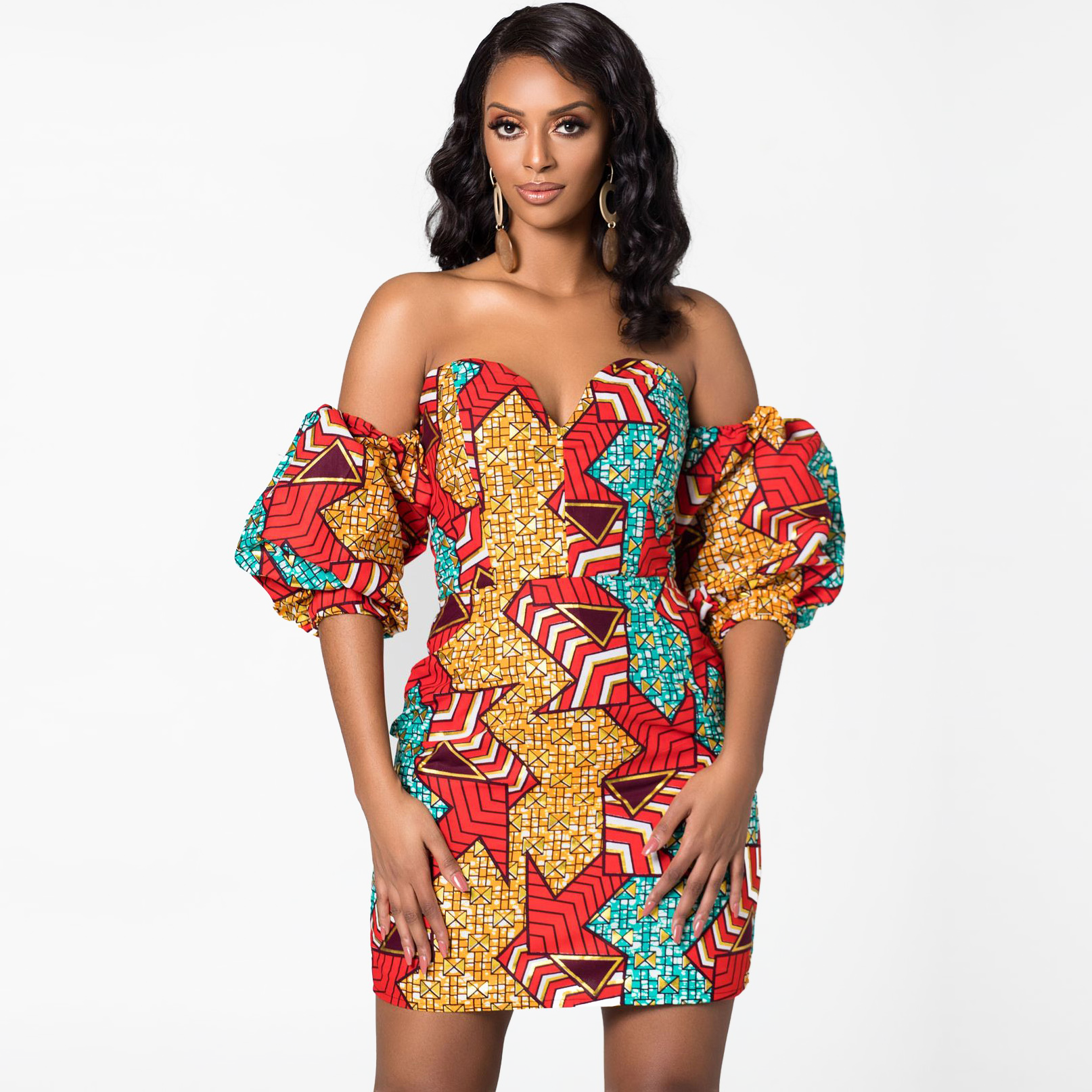 green emerald velvet dress Traditional African Kitenge Dashiki Print Dress Design Fitted Above Kn –  Asigbe main image 0