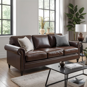 Sofá de Cuero Tradicional Premium de 3 Plazas con Patas de Madera Maciza, Estilo Moderno de Mediados de Siglo para Sala de Estar, Hotel, Proyectos de Lounge - Product Image 1