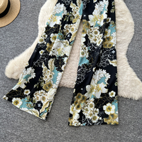 Ensemble élégant pour femme, imprimé floral, col en V, manches courtes, taille nouée, jambes larges, pour l'automne