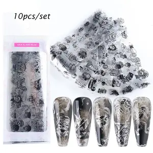 10Pcs/Verpakt Gemengde Ontwerpen Lijm Film Voor Folie Transfer Wraps Diy 3d Pompoen Halloween Nail Stickers Decoraties Voor vrouwen