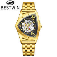 Montre-bracelet automatique pour homme de haute qualité avec bracelet tout acier, cadran squelette triangulaire, style professionnel de luxe, montre mécanique
