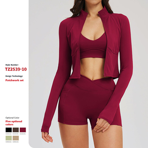 Conjunto de Yoga de 3 Piezas: Chaqueta Corta con Cuello Alto y Cremallera Completa, Sujetador Deportivo con Cuello en V y Shorts Levanta Glúteos con Cintura Cruzada para Gimnasio TZ2539-10 - Product Image 3